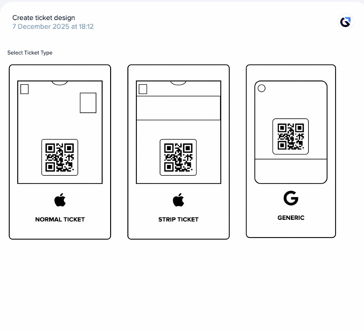 Ticket design customization screen showing normal, strip, and generic ticket templates for Digital Wardrobe.