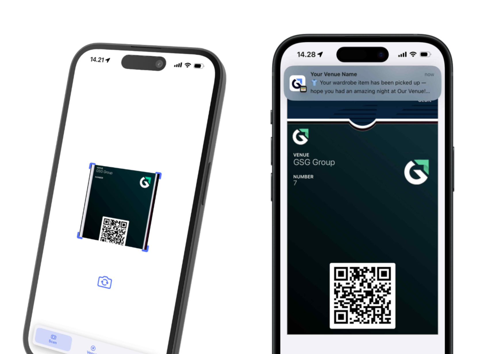 Guest checkout process showing a staff scan of a digital wardrobe ticket and a confirmation notification on the guest’s phone.