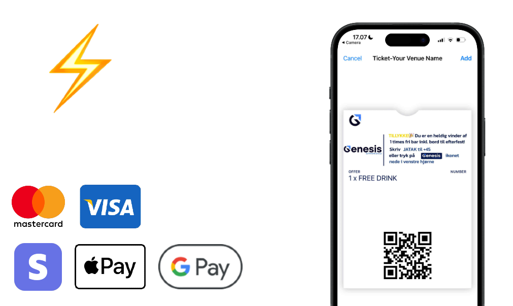 Image representing guests scanning a QR code to pay entrance fees and wardrobe tickets while waiting in a venue queue, speeding up entry.