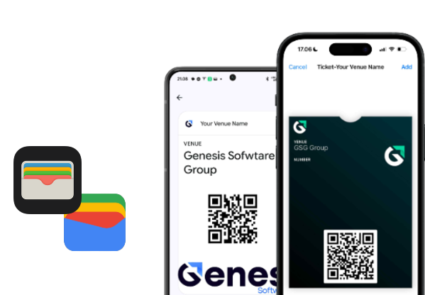 Mobile wallet check-in example showing Apple Wallet and Google Wallet wardrobe tickets with QR codes for instant entry.