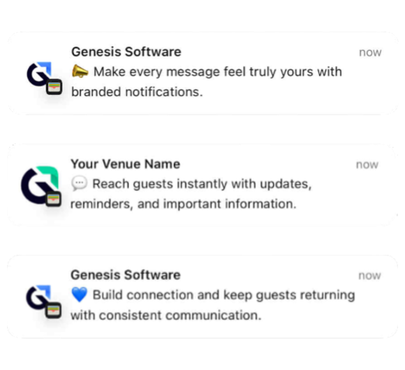 Example of venue-branded mobile notifications showing updates and reminders sent to guests through Wardrobe Manager.
