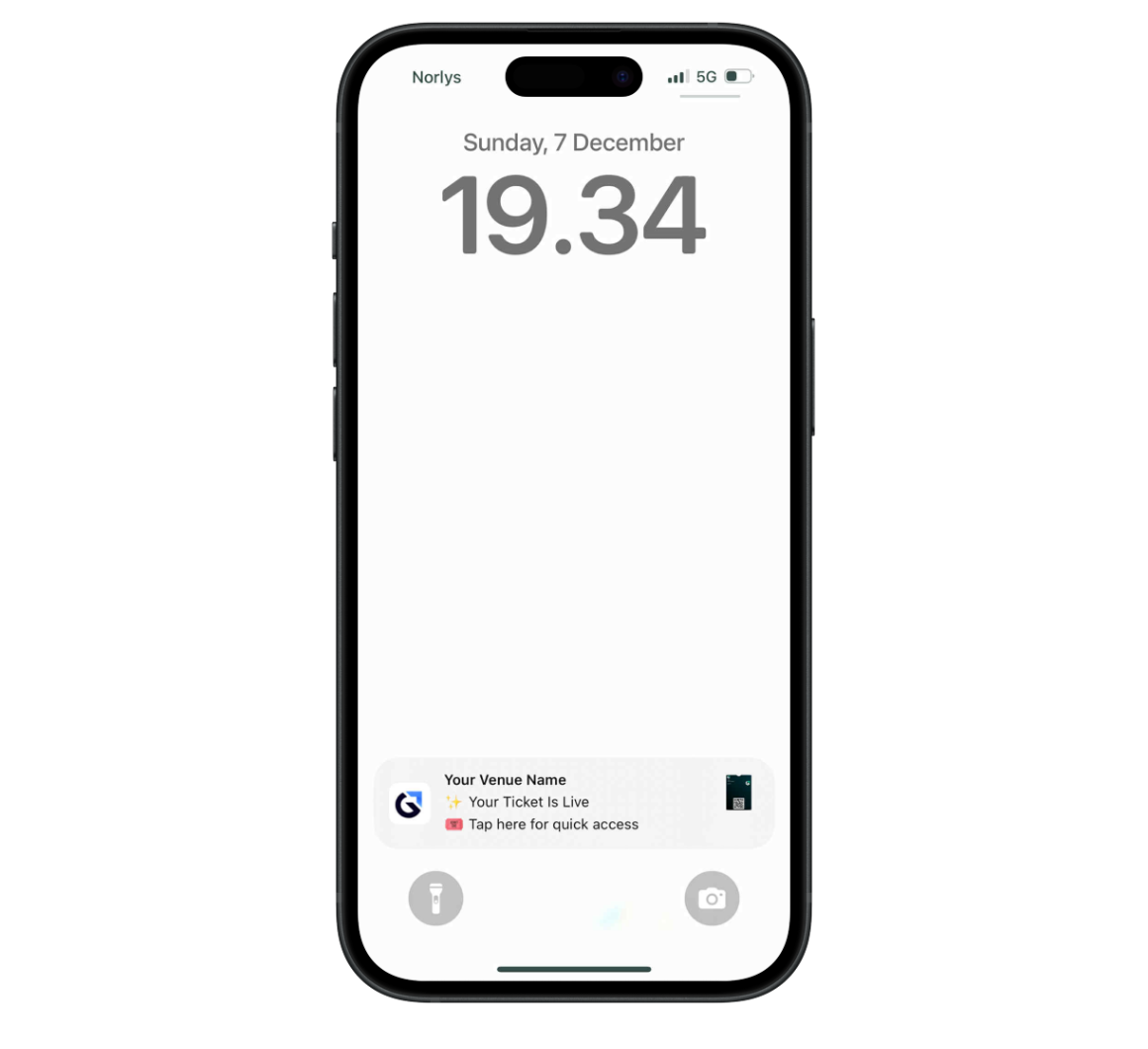 Persistent home-screen notification giving one-tap access to an active Digital Wardrobe ticket.
