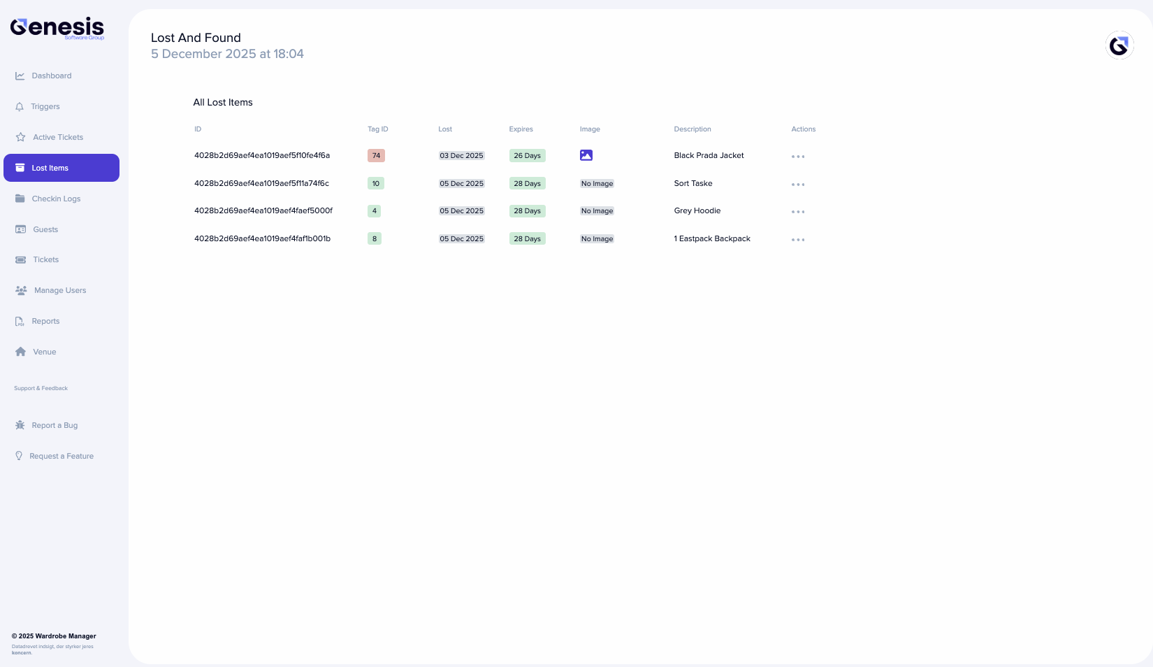 Lost and Found dashboard showing item list, expiration dates, and retrieval details in Wardrobe Manager.
