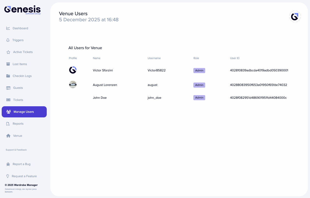 Staff management dashboard listing venue users, roles, and user IDs inside Wardrobe Manager.